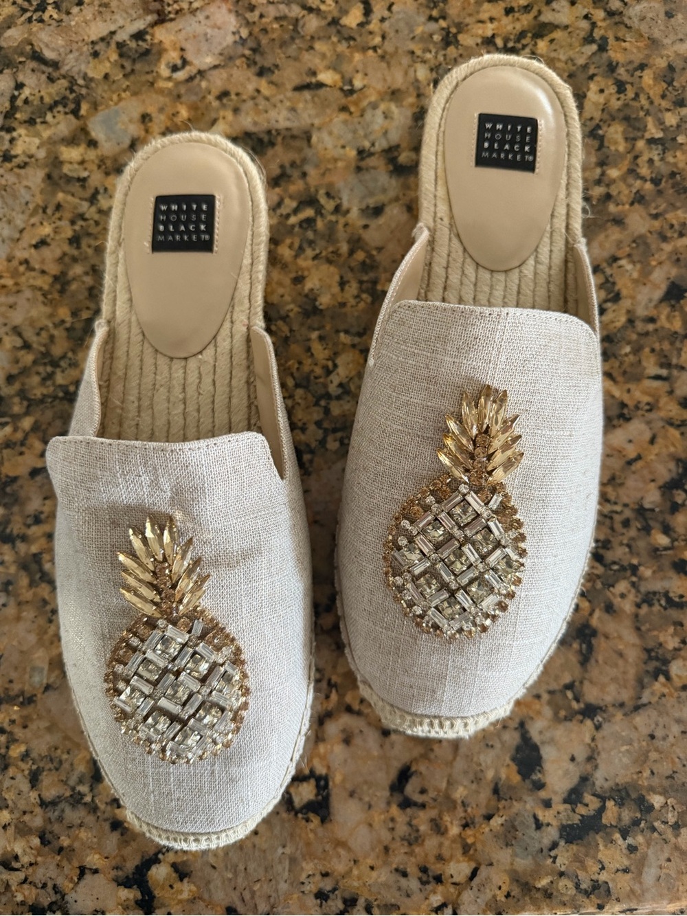 White House Black Market Linen-Textured Beige Mules with Gold Pineapple Accent